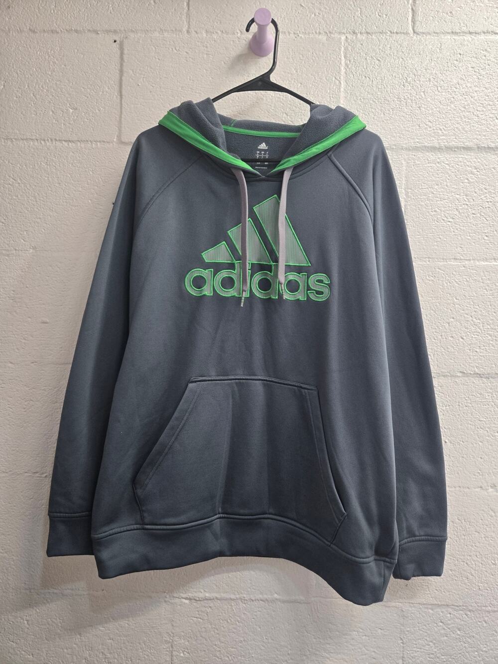 Adidas Gray Green Logo Performance Pullover Hoodie Kangaroo Pocket